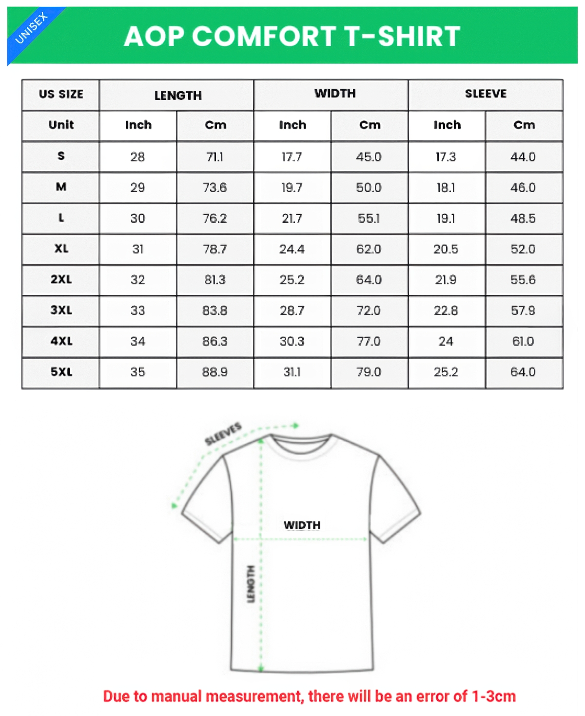 All-over Print Short Sleeve Comfort T-Shirt Sizing Chart