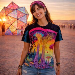 Psychedelic Mushroom Forest T-Shirt | Vibrant Surreal Nature Art