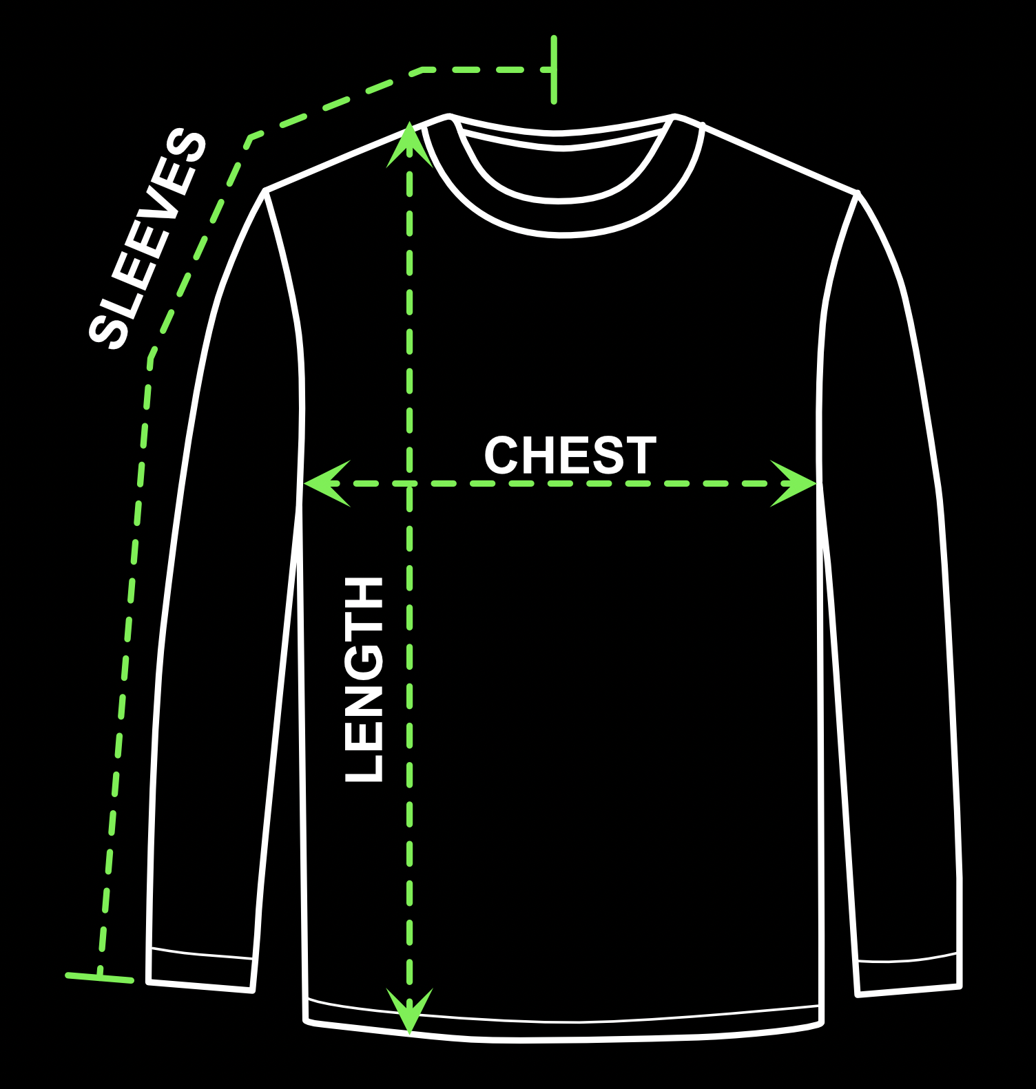 Long sleeve t-shirt measurement diagram showing length, chest, and sleeve