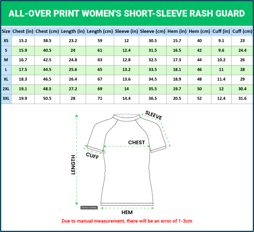 Women's Short-Sleeve Rash Guard size chart with measurement diagram, sizes XS through 3XL